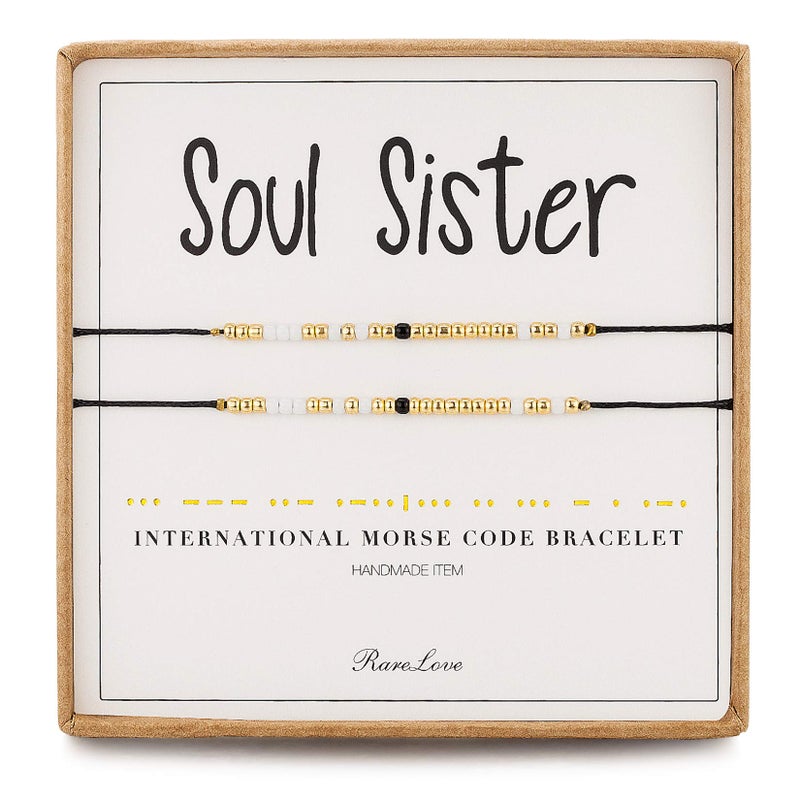 RareLove 2 Pieces Soul Sister Morse Code Bracelet Inspirational Friendship Gift For 2 Best Friends Women White Golden Black Tiny Pony Seed Beads Black String Bracelets - Image 1