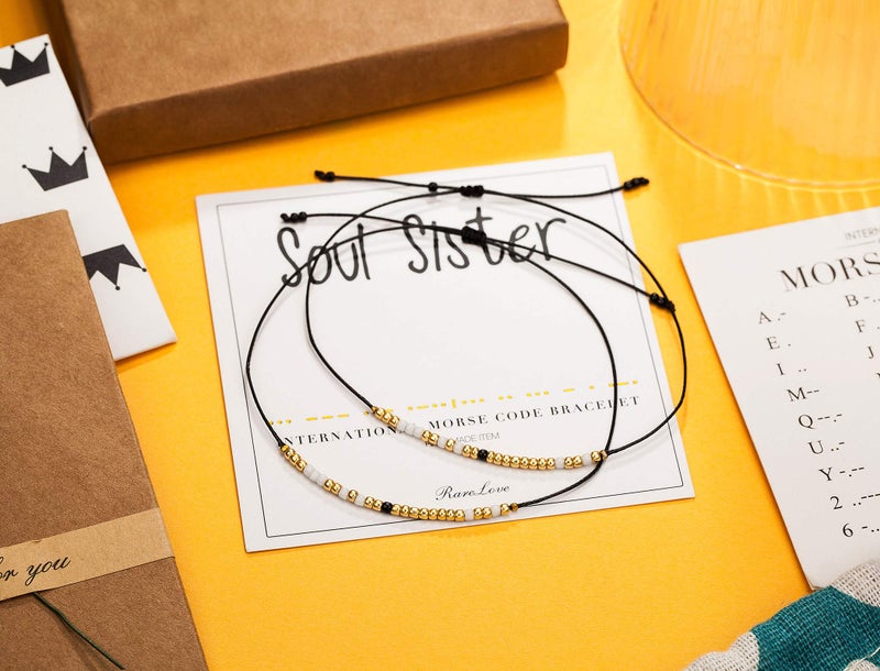RareLove 2 Pieces Soul Sister Morse Code Bracelet Inspirational Friendship Gift For 2 Best Friends Women White Golden Black Tiny Pony Seed Beads Black String Bracelets - Image 3