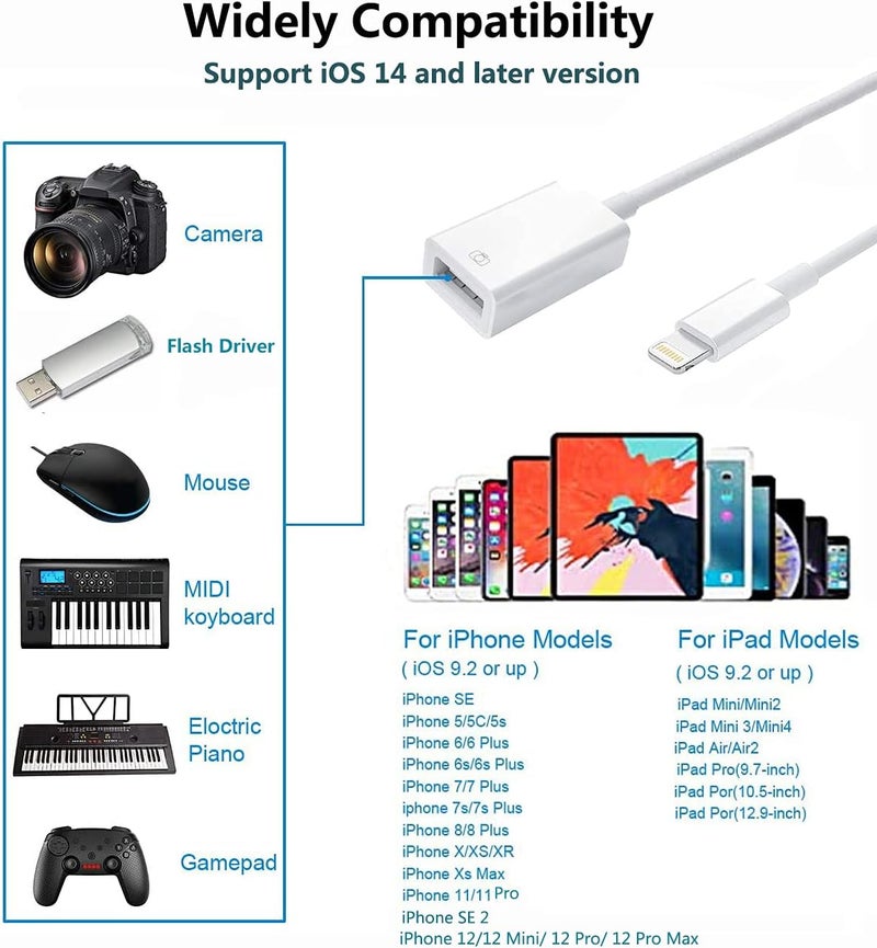 Wahbite Apple Lightning to USB Camera Adapter, USB 3.0 OTG Cable for iPhone/iPad to Connect Card Reader, USB Flash Drive, U Disk, Keyboard, Mouse, Hubs, MIDI, Plug & Play (White) - Image 5