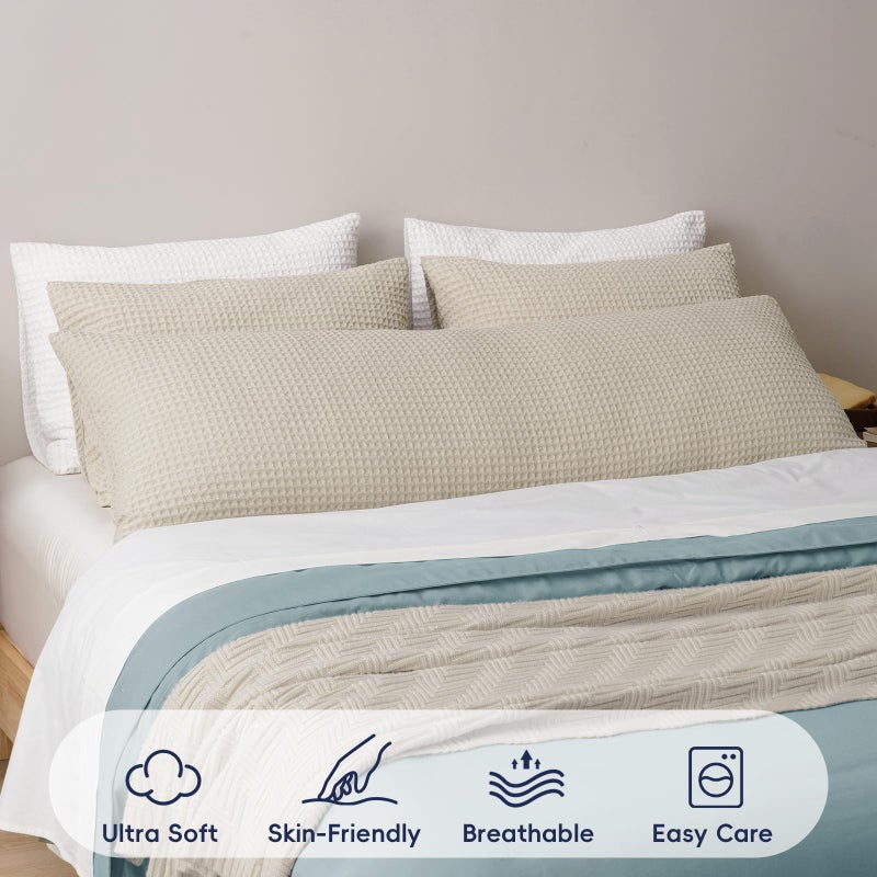 PHF غطاء وسادة جسم من PHF بتصميم الوافل الناعم للغاية مع سحاب، بدون حشوة، 1 عبوة 20" × 54"، غطاء وسادة تنفس وصديق للبشرة، غطاء وسادة سرير زخرفي أنيق، لون بني فاتح/كتان - Image 3