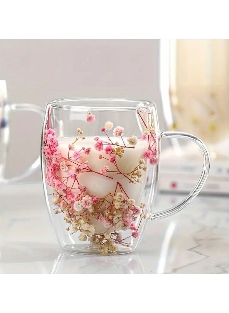 BestStore - Double Walled Glass Hot and Cold Coffee Mug with Handle and Dried Flower Heat-Isolated 350ml Capacity Tea Cup Summer Winter Drinkware Birthday Gifts for Wife and Mother - Image 1
