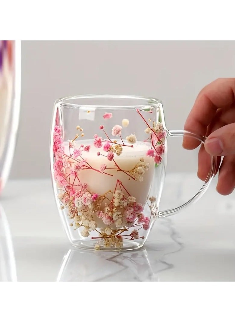 BestStore - Double Walled Glass Hot and Cold Coffee Mug with Handle and Dried Flower Heat-Isolated 350ml Capacity Tea Cup Summer Winter Drinkware Birthday Gifts for Wife and Mother - Image 1