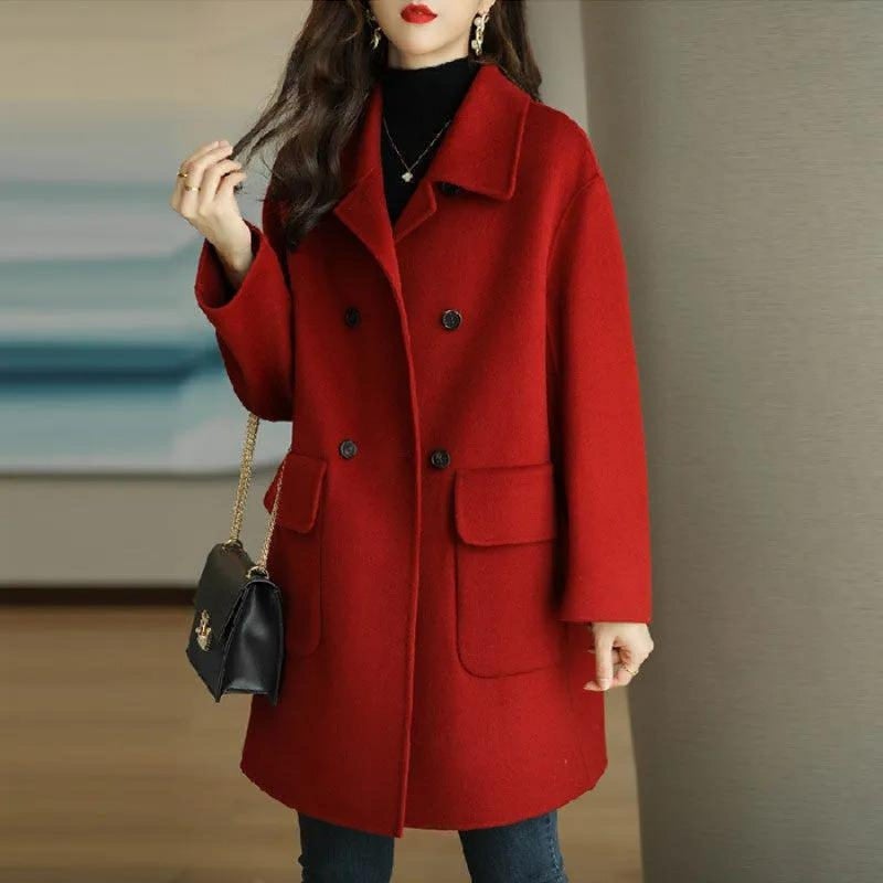 2023 Wool Coat Women Autumn Winter Thicken Warm Korean Fashion Mid-Length Loose Petite Jacket Khaki - Image 3