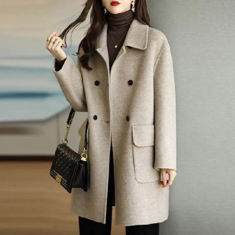2023 Wool Coat Women Autumn Winter Thicken Warm Korean Fashion Mid-Length Loose Petite Jacket Khaki - Image 4