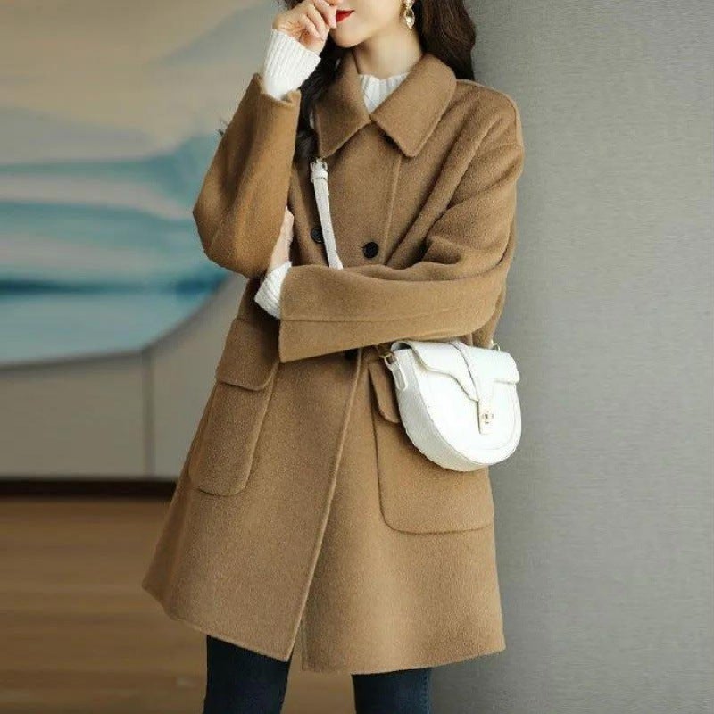2023 Wool Coat Women Autumn Winter Thicken Warm Korean Fashion Mid-Length Loose Petite Jacket Khaki - Image 1
