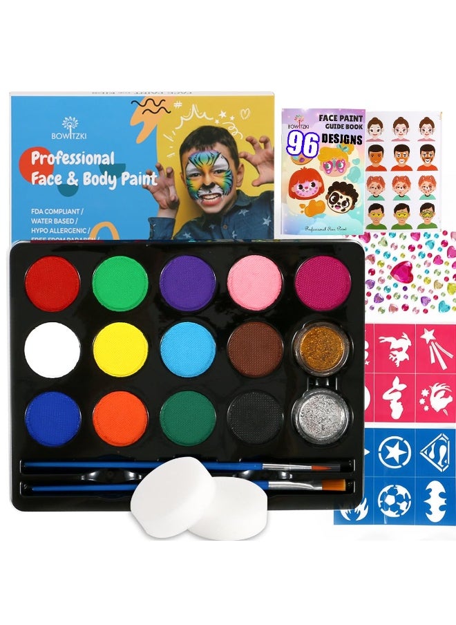 Bowitzki Bowitzki Face Paint Kit with 13 Colors, 12 Stencils, 2 Glitters, 2 Sponges, 2 Brushes, 1 Sheet Gems, Water Based Face Painting Kit for Kids, Safe Professional Halloween Party Makeup Set  - Image 1