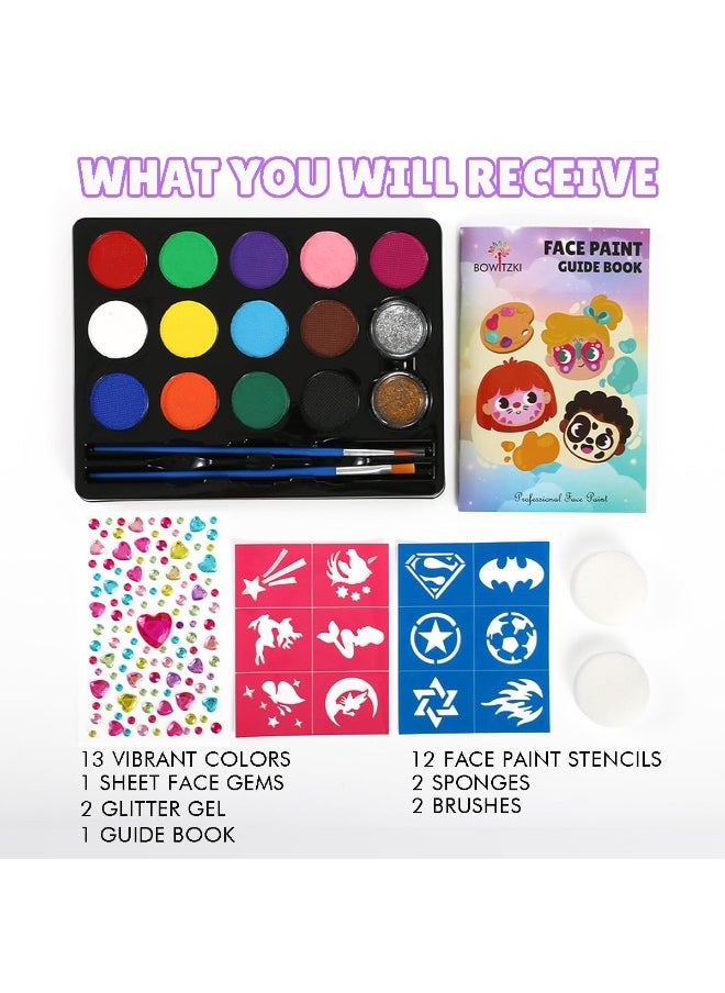 Bowitzki Bowitzki Face Paint Kit with 13 Colors, 12 Stencils, 2 Glitters, 2 Sponges, 2 Brushes, 1 Sheet Gems, Water Based Face Painting Kit for Kids, Safe Professional Halloween Party Makeup Set  - Image 2