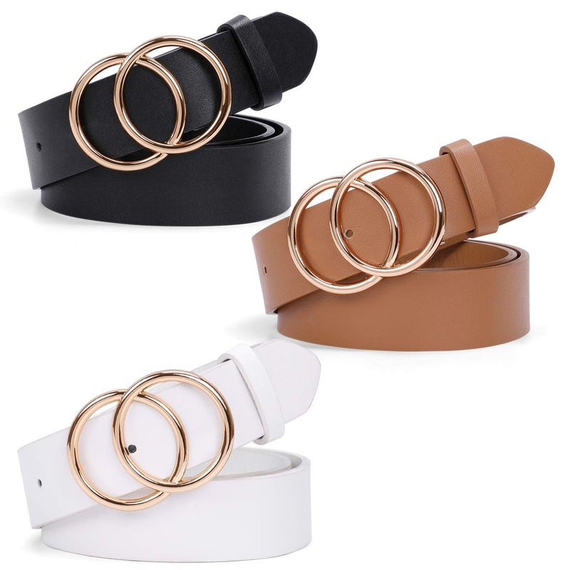 Suosdey SUOSDEY Women Leather Belt Fashion Double O-Ring Soft Faux Leather Waist Belts For Jeans Dress  - Image 1
