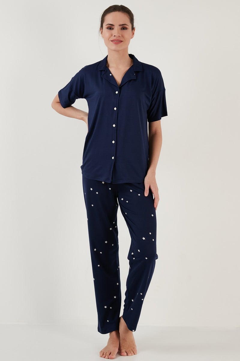 Lela Patterned Short Sleeve Elastic Waist Shirt Collar Woven Pajama Set Women's Pajama Set 6097515  - Image 2