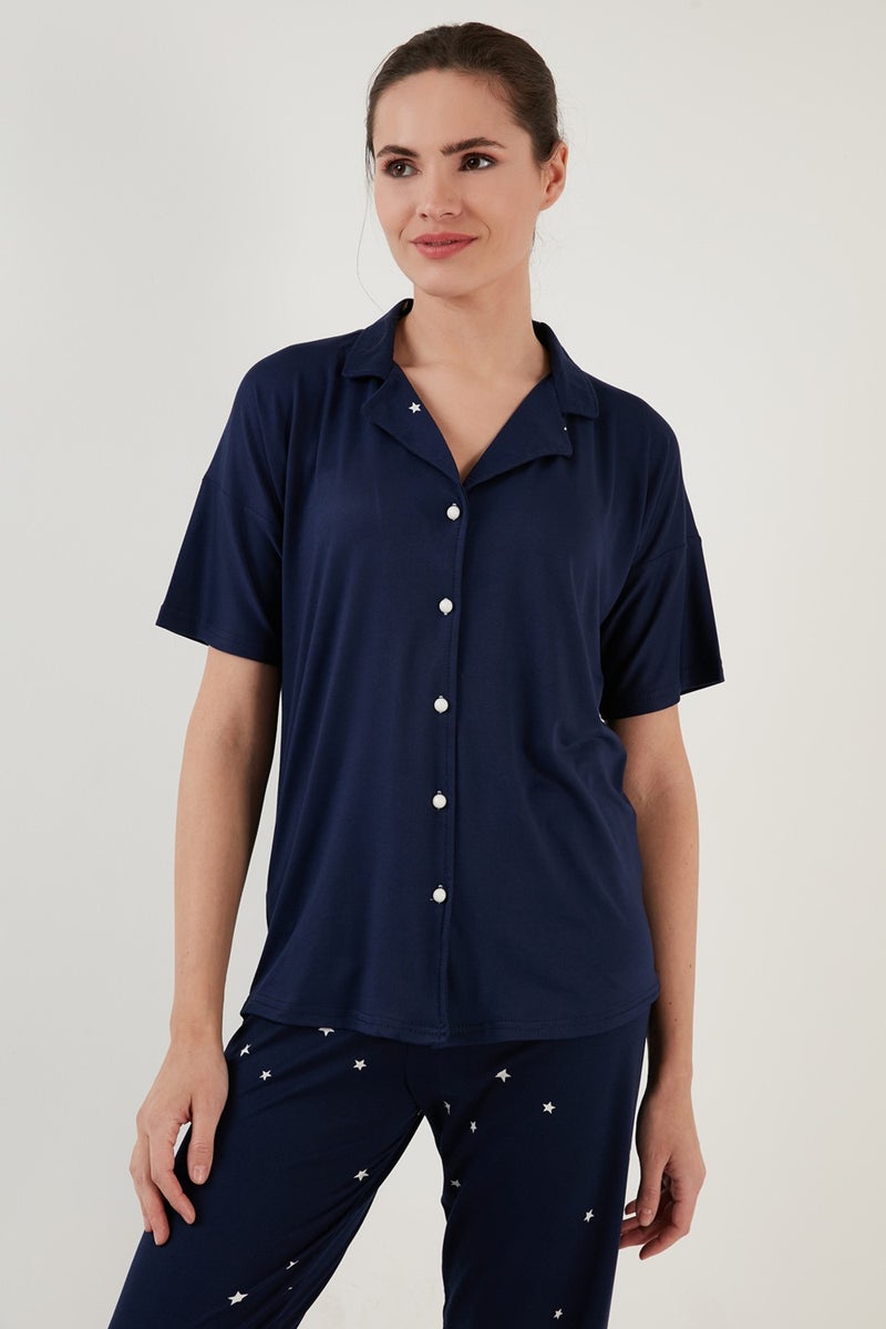 Lela Patterned Short Sleeve Elastic Waist Shirt Collar Woven Pajama Set Women's Pajama Set 6097515  - Image 3