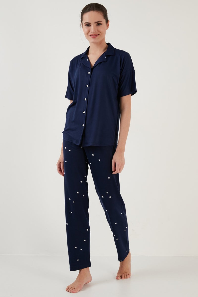 Lela Patterned Short Sleeve Elastic Waist Shirt Collar Woven Pajama Set Women's Pajama Set 6097515  - Image 5