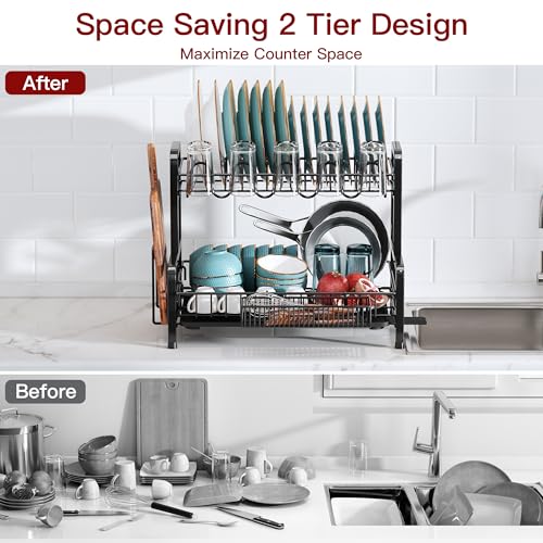 BOOSINY 2 Tier Black Dish Drainer Drying Rack for Kitchen Counter, Large Stainless Steel Dishes Dryer with Drainboard, Space Saving, Big Rustproof Metal Modern Countertop Plates Strainer with Utensil Holder - Image 2
