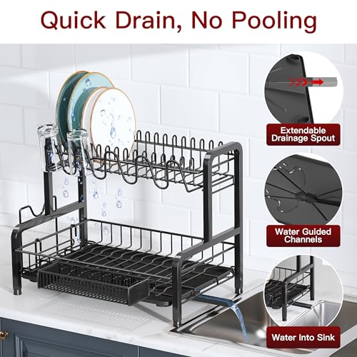 BOOSINY 2 Tier Black Dish Drainer Drying Rack for Kitchen Counter, Large Stainless Steel Dishes Dryer with Drainboard, Space Saving, Big Rustproof Metal Modern Countertop Plates Strainer with Utensil Holder - Image 4