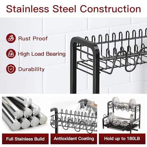 BOOSINY 2 Tier Black Dish Drainer Drying Rack for Kitchen Counter, Large Stainless Steel Dishes Dryer with Drainboard, Space Saving, Big Rustproof Metal Modern Countertop Plates Strainer with Utensil Holder - Image 5