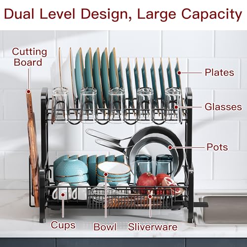 BOOSINY 2 Tier Black Dish Drainer Drying Rack for Kitchen Counter, Large Stainless Steel Dishes Dryer with Drainboard, Space Saving, Big Rustproof Metal Modern Countertop Plates Strainer with Utensil Holder - Image 3