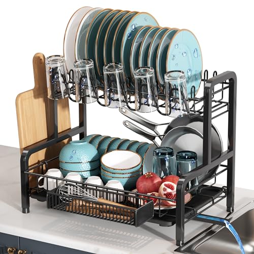BOOSINY 2 Tier Black Dish Drainer Drying Rack for Kitchen Counter, Large Stainless Steel Dishes Dryer with Drainboard, Space Saving, Big Rustproof Metal Modern Countertop Plates Strainer with Utensil Holder - Image 1