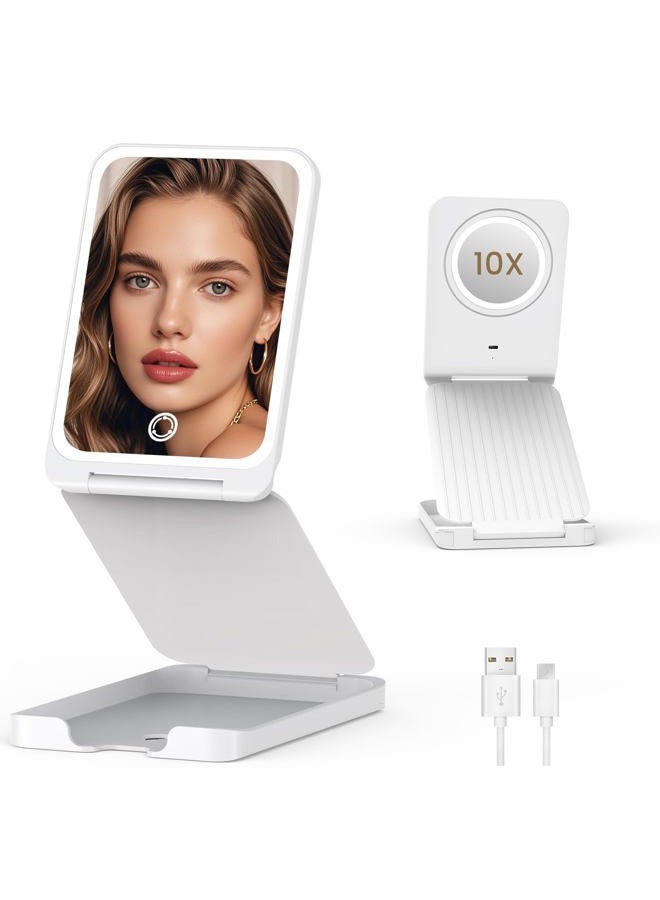 LAMPICK Travel Makeup Mirror with Lights, Foldable 1X Vanity Lighted Mirror with 10X Magnification, Rechargeable 1500mAh Battery, Dimmable Touch Screen, Freely Adjust Height and Angle - Image 1