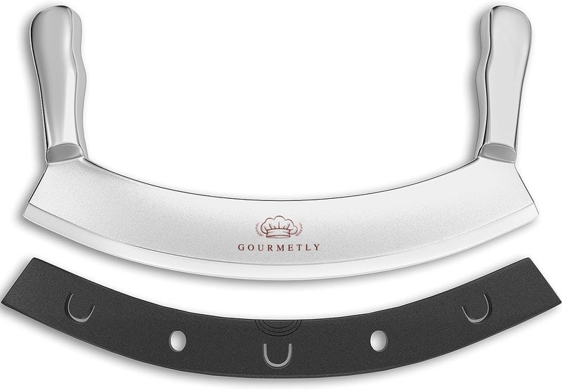 Gourmetly Stainless Steel Mezzaluna Knife with Cover â€“ 12 In. Curved Blade with Solid Steel Handles & Mezzaluna Sheath â€“ Pizza Cutter Rocker, Rocker Knife Veggie Cutter, Salad Chopper, & Herb Cutter - Image 1