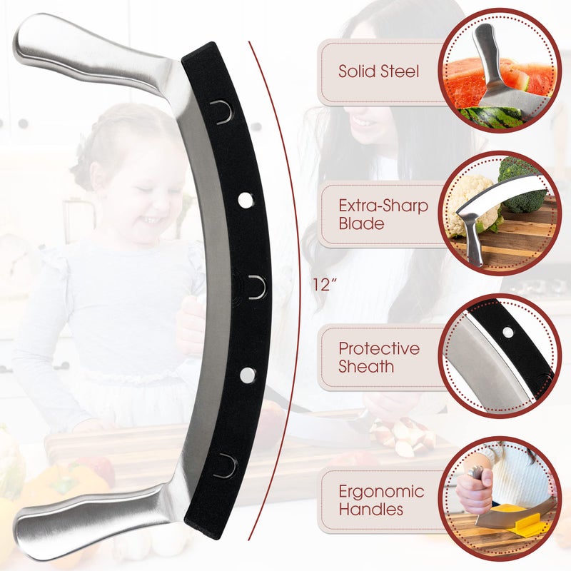 Gourmetly Stainless Steel Mezzaluna Knife with Cover â€“ 12 In. Curved Blade with Solid Steel Handles & Mezzaluna Sheath â€“ Pizza Cutter Rocker, Rocker Knife Veggie Cutter, Salad Chopper, & Herb Cutter - Image 3