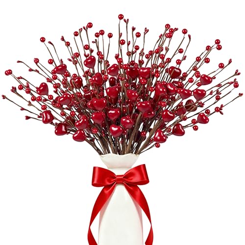 zjlmit Valentine's Day Decorations 24 Pack Valentines Day Picks 17 Inch Red Heart Picks with Heart Shaped Berry for Valentine Anniversary Wedding Candlelight Dinner - Image 1