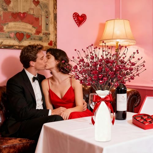 zjlmit Valentine's Day Decorations 24 Pack Valentines Day Picks 17 Inch Red Heart Picks with Heart Shaped Berry for Valentine Anniversary Wedding Candlelight Dinner - Image 2