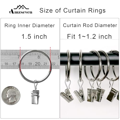 AMZSEVEN 40 Pack Metal Curtain Rings with Clips, Drapery Clips Hooks, Decorative Curtain Rod Clips 1.5 in Interior Diameter, Silver - Image 3