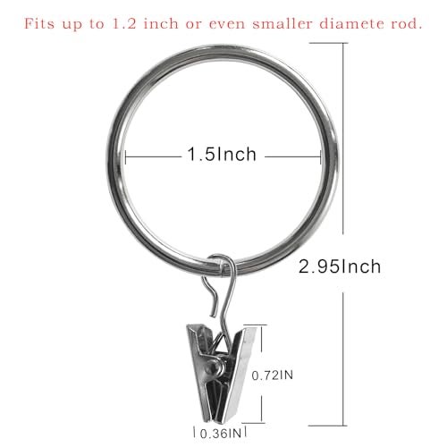 AMZSEVEN 40 Pack Metal Curtain Rings with Clips, Drapery Clips Hooks, Decorative Curtain Rod Clips 1.5 in Interior Diameter, Silver - Image 2