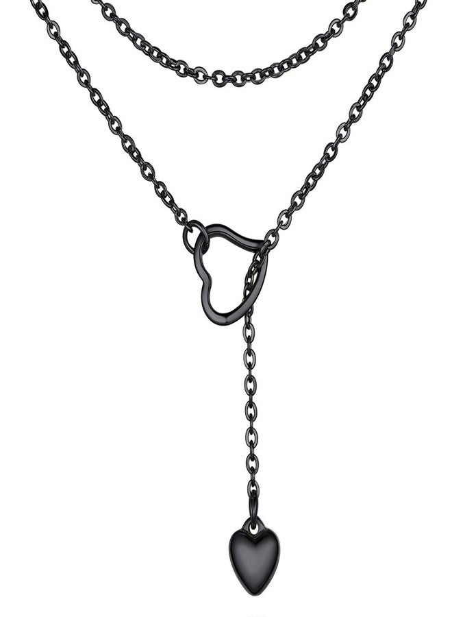 FOCALOOK Black Long Necklaces for Women Trendy Drop Heart Pendant Lariat Long Chain Elegant Y-Necklaces - Image 1