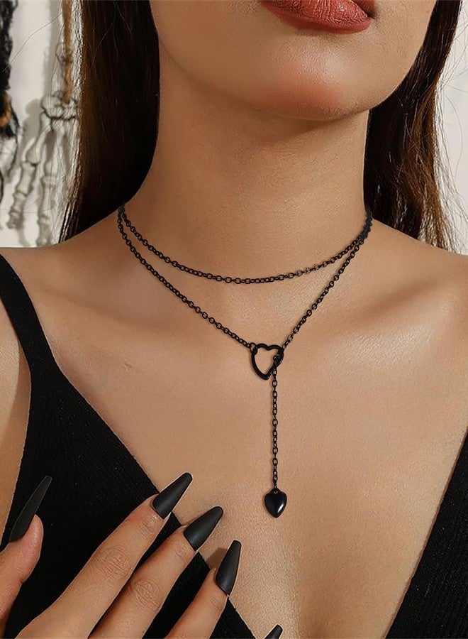 FOCALOOK Black Long Necklaces for Women Trendy Drop Heart Pendant Lariat Long Chain Elegant Y-Necklaces - Image 2