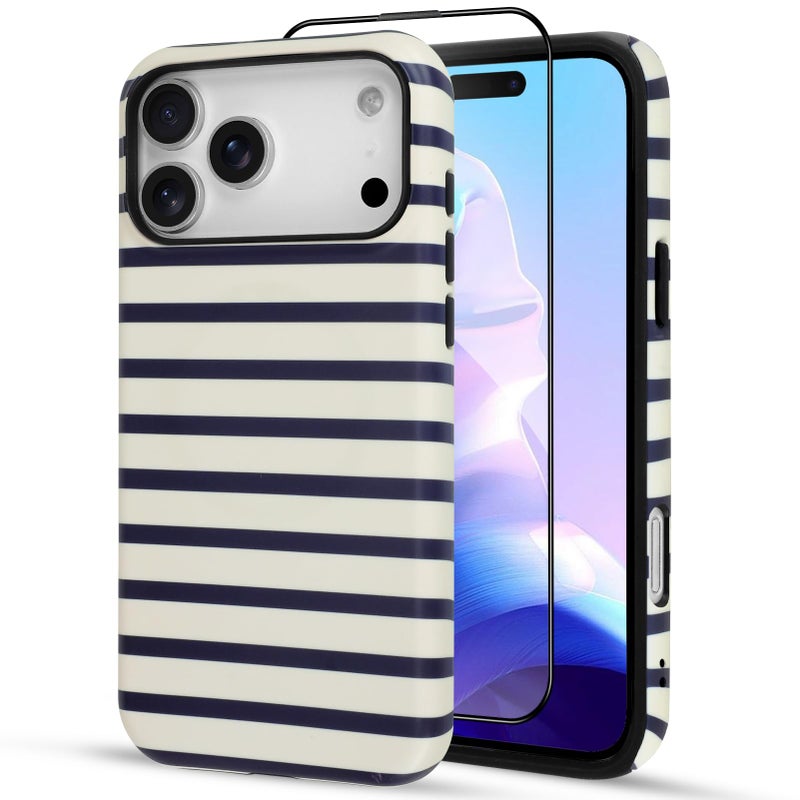 SOKAD Magnetic Horizontal Stripes Phone Case for iPhone 17 Pro Max, Cute Navy Blue Striped Line Pattern Compatible with Magsafe Matte Protective Case Cover with Screen Protector for Girls Women - Image 2