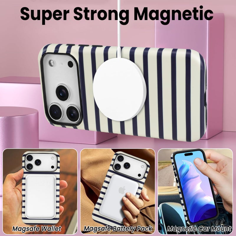 SOKAD Magnetic Horizontal Stripes Phone Case for iPhone 17 Pro Max, Cute Navy Blue Striped Line Pattern Compatible with Magsafe Matte Protective Case Cover with Screen Protector for Girls Women - Image 4