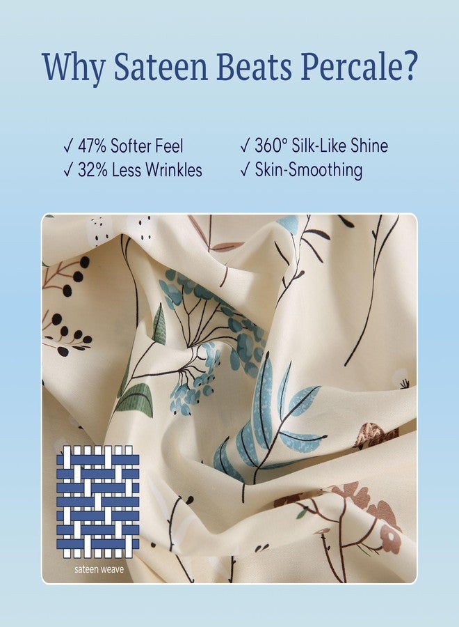 جي اس دي طقم ملاءات قطنية بيج مزينة بنقوش زهور من JSD، مقاس كامل، 300 خيط، ملاءات سرير منسوجة من الساتان المطبوع، جيب عميق إضافي، ناعمة وملساء وجيدة التهوية - Image 4