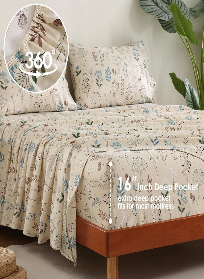 جي اس دي طقم ملاءات قطنية بيج مزينة بنقوش زهور من JSD، مقاس كامل، 300 خيط، ملاءات سرير منسوجة من الساتان المطبوع، جيب عميق إضافي، ناعمة وملساء وجيدة التهوية - Image 5