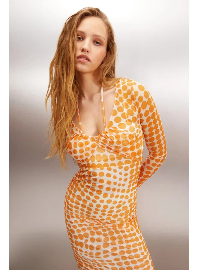 Ethiquet ANATOLA Women's Tulle Mesh Fabric Polka Dot Dress with Neck Tie, Orange/Patterned.
