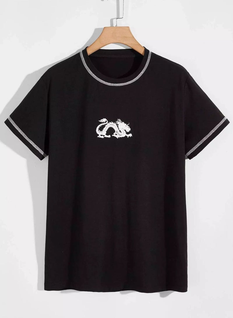 Men Chinese Dragon Print Topstitching Tee - Image 1