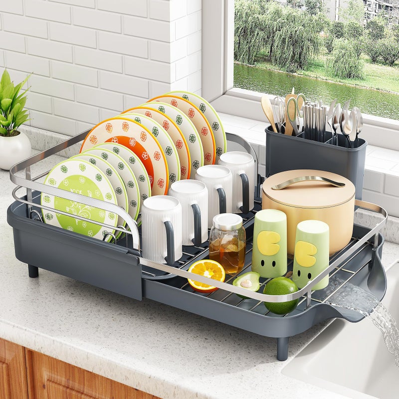 SAYZH Dish Drying Rack - Expandable Dish Rack for Kitchen Counter, Rust-Resistant Dish Drainer with Utensil Holder and Raised Guardrail, Kitchen Organizer for Cup and Bottle (Grey) - Image 1