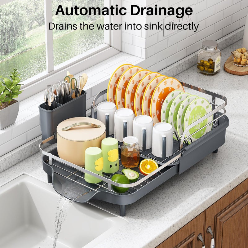 SAYZH Dish Drying Rack - Expandable Dish Rack for Kitchen Counter, Rust-Resistant Dish Drainer with Utensil Holder and Raised Guardrail, Kitchen Organizer for Cup and Bottle (Grey) - Image 5