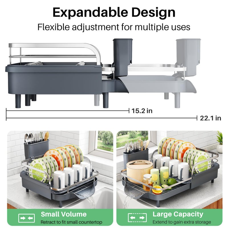 SAYZH Dish Drying Rack - Expandable Dish Rack for Kitchen Counter, Rust-Resistant Dish Drainer with Utensil Holder and Raised Guardrail, Kitchen Organizer for Cup and Bottle (Grey) - Image 2