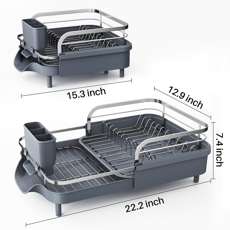 SAYZH Dish Drying Rack - Expandable Dish Rack for Kitchen Counter, Rust-Resistant Dish Drainer with Utensil Holder and Raised Guardrail, Kitchen Organizer for Cup and Bottle (Grey) - Image 4
