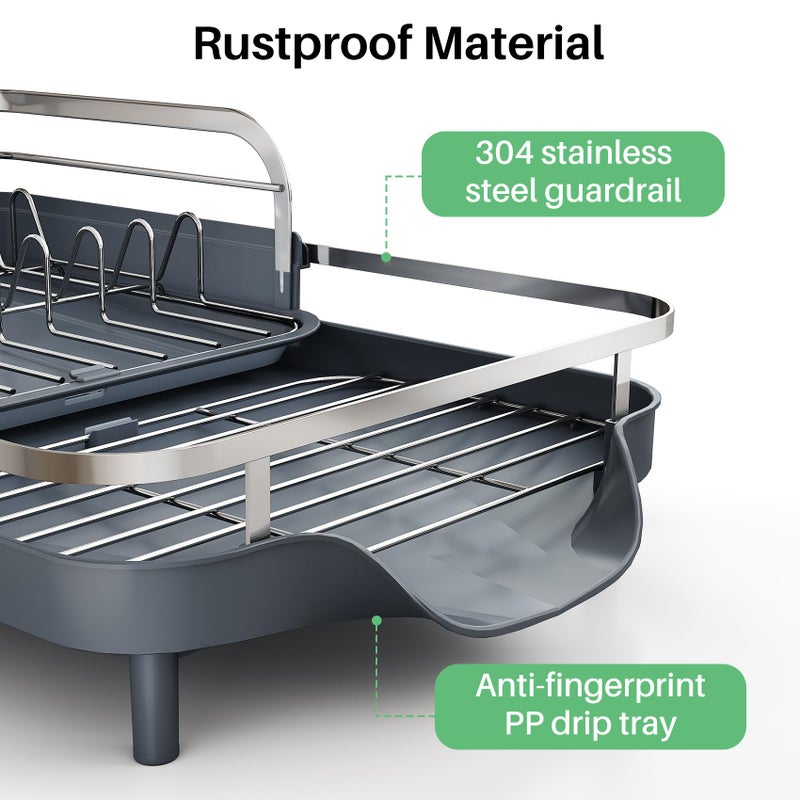 SAYZH Dish Drying Rack - Expandable Dish Rack for Kitchen Counter, Rust-Resistant Dish Drainer with Utensil Holder and Raised Guardrail, Kitchen Organizer for Cup and Bottle (Grey) - Image 3