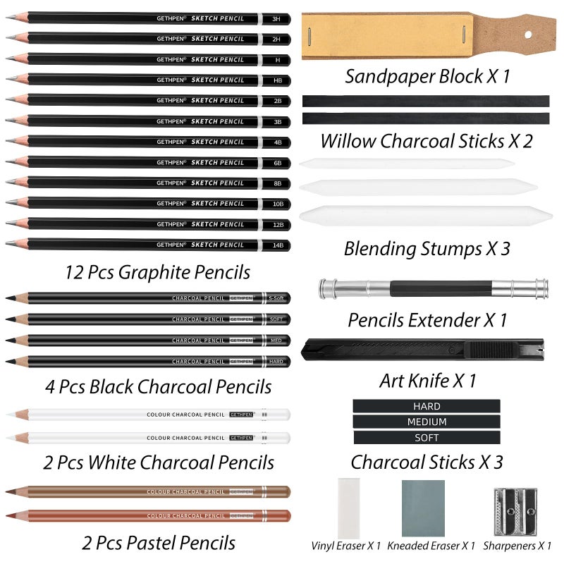 GETHPEN Sketch Pencils for Drawing,34 Pcs,Graphite Pencil (14B-4H), Charcoal Pencil,With Graphite Sticks, Erasers and Sharpener, Art Pencils for Sketching,Artist Set for Beginners and Professionals - Image 2
