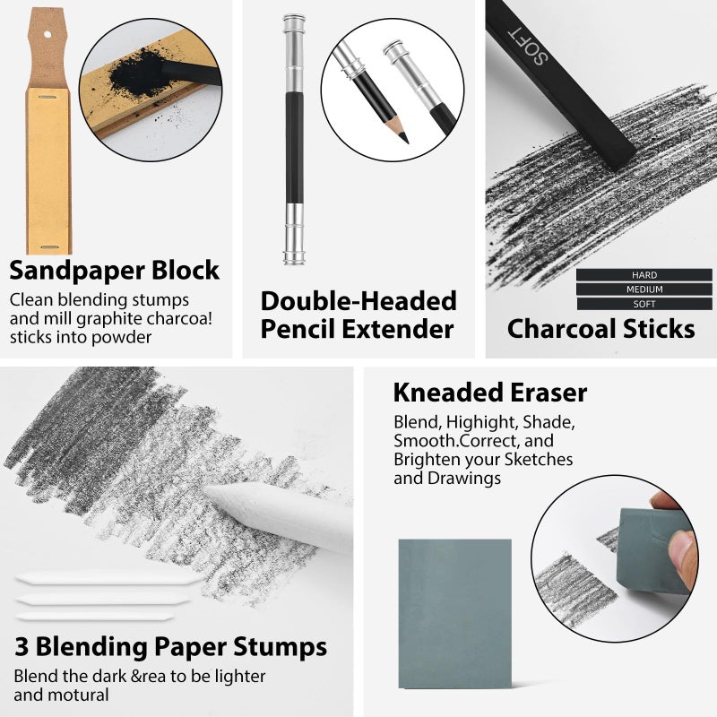 GETHPEN Sketch Pencils for Drawing,34 Pcs,Graphite Pencil (14B-4H), Charcoal Pencil,With Graphite Sticks, Erasers and Sharpener, Art Pencils for Sketching,Artist Set for Beginners and Professionals - Image 4