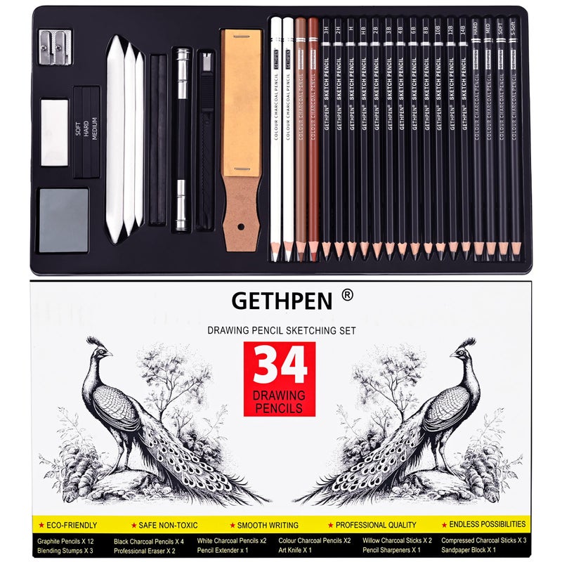 GETHPEN Sketch Pencils for Drawing,34 Pcs,Graphite Pencil (14B-4H), Charcoal Pencil,With Graphite Sticks, Erasers and Sharpener, Art Pencils for Sketching,Artist Set for Beginners and Professionals - Image 1