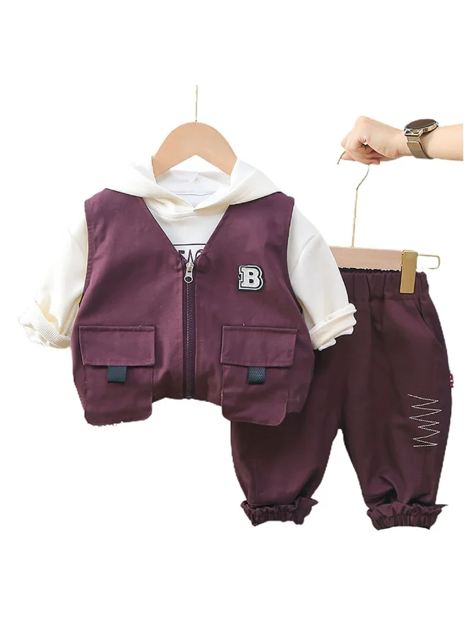 ليتل سربرايز بوكس Dark Burgandy Designed 3 Pcs Sleeveless Jacket Styled Hoodie And Pant Suit Set For Toddlers And Kids