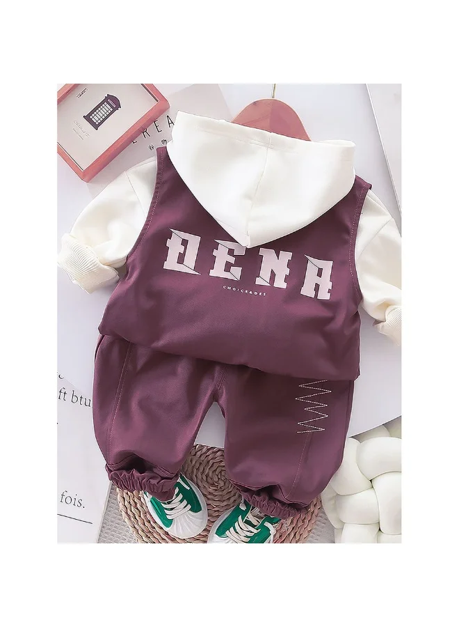 ليتل سربرايز بوكس Dark Burgandy Designed 3 Pcs Sleeveless Jacket Styled Hoodie And Pant Suit Set For Toddlers And Kids