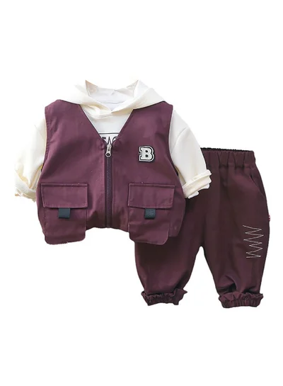 ليتل سربرايز بوكس Dark Burgandy Designed 3 Pcs Sleeveless Jacket Styled Hoodie And Pant Suit Set For Toddlers And Kids
