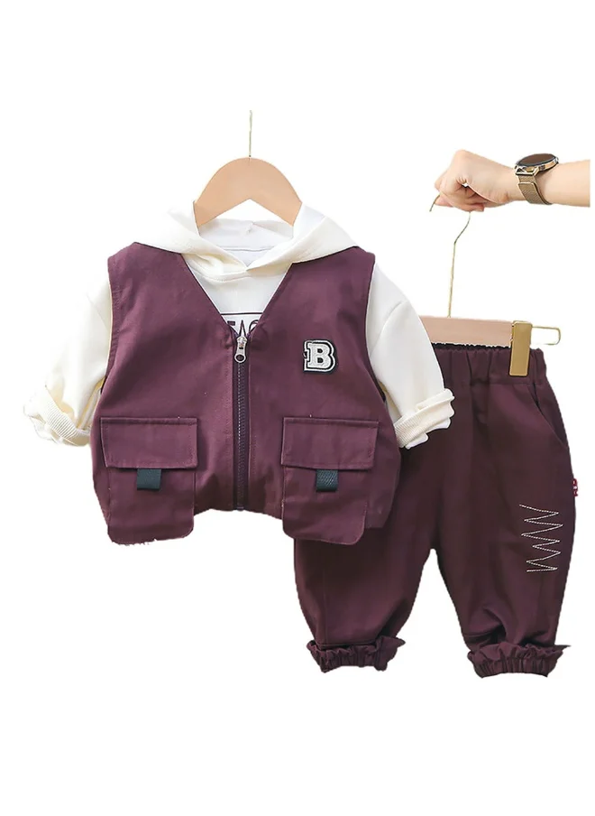 LITTLE SURPRISE BOX Box Dark Burgandy Designed 3 Pcs Sleeveless Jacket Styled Hoodie And Pant Suit Set For Toddlers And Kids-3-4Y