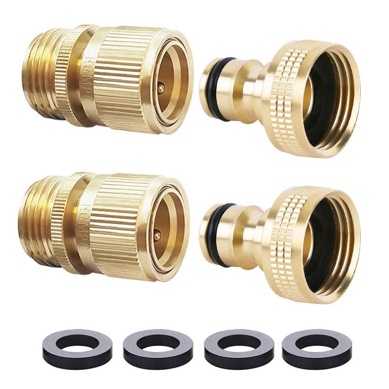 HQMPC Garden Hose Quick Connect Solid Brass Quick Connector Garden Hose Fitting Water Hose Connectors 3/4 inch GHT (2SETS) - Image 1