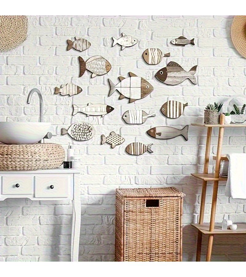 15 Pieces Wood Fish Wall Decor 2D Flat Panel Set For Aquarium Pond Shower Bathtub And Ocean Themed Decoration - Image 1