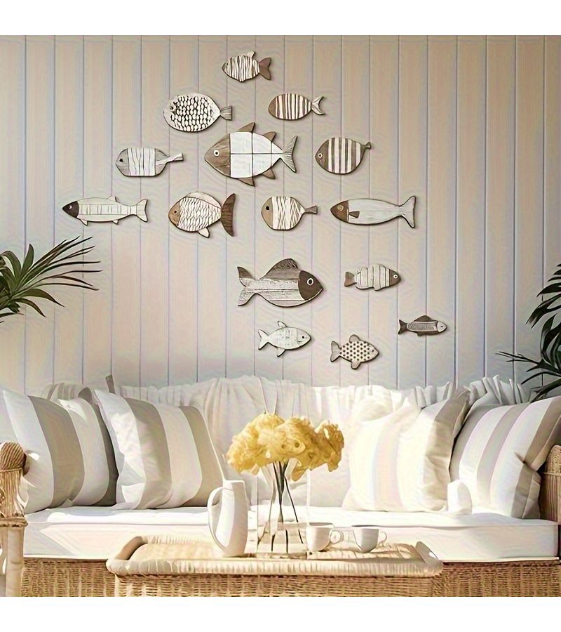 15 Pieces Wood Fish Wall Decor 2D Flat Panel Set For Aquarium Pond Shower Bathtub And Ocean Themed Decoration - Image 2